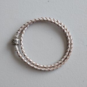Pandora White Braided Leather Bracelet 14.75 inch Sterling Silver Clasp